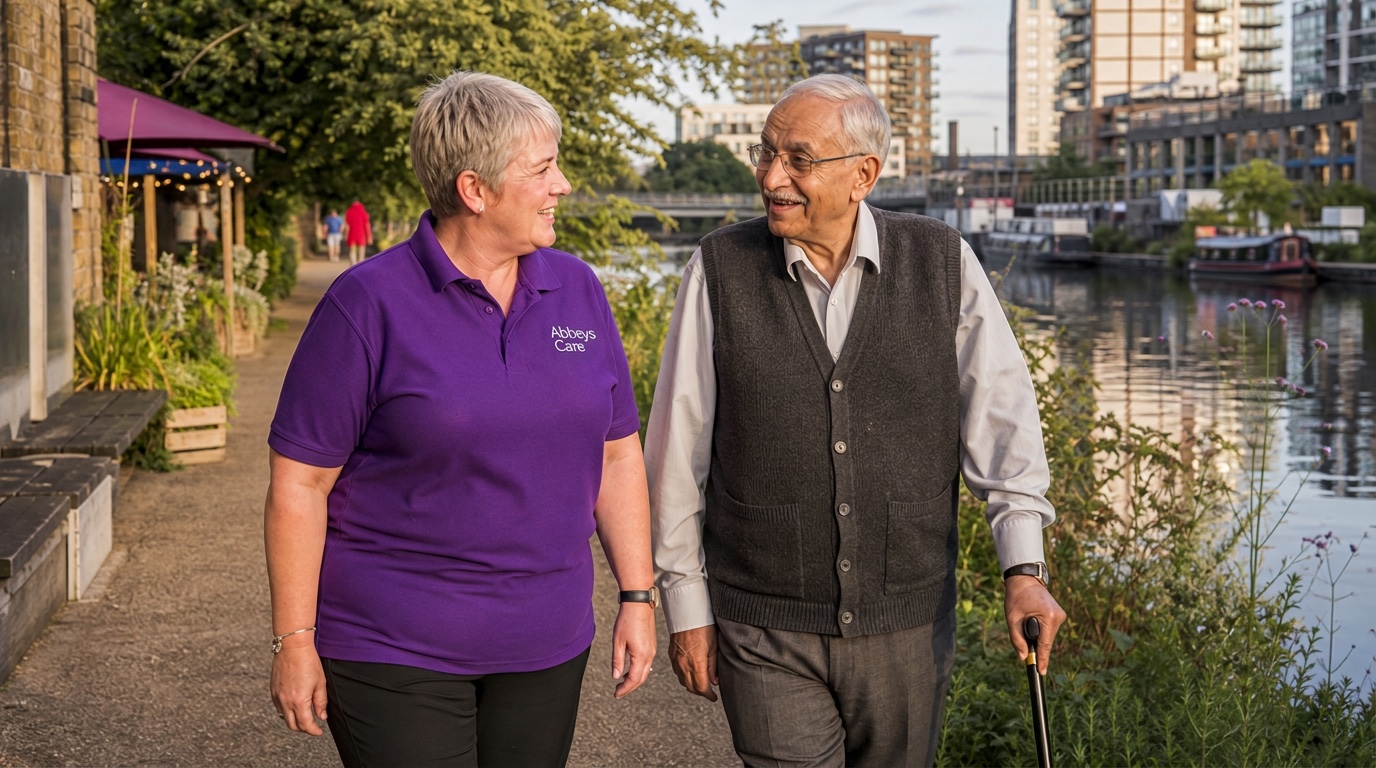Abbeys Care carer in purple branded uniform walking with an elderly gentleman along a canal path near Stratford