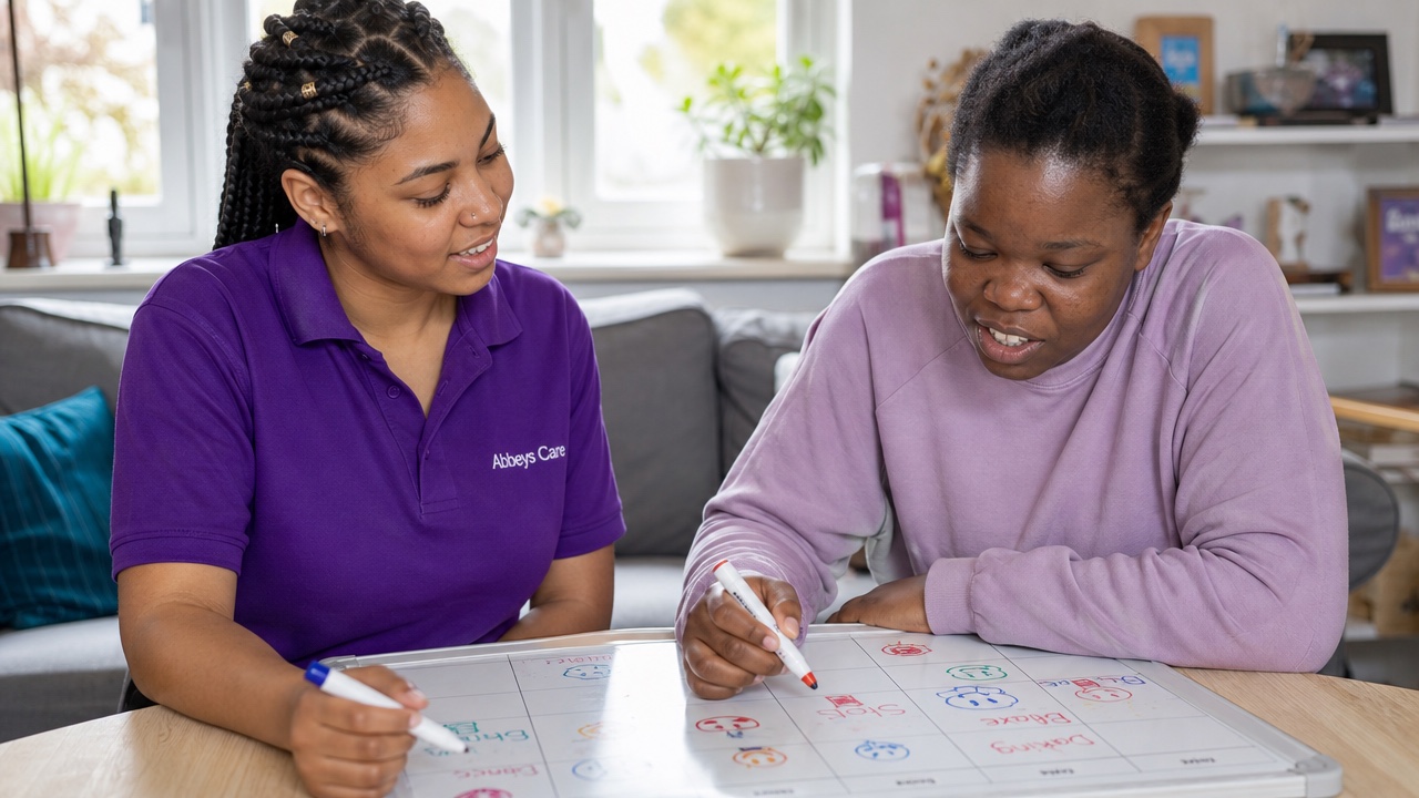 Abbeys Care support worker in purple branded uniform planning the week ahead with a young woman in her supported living home in East London