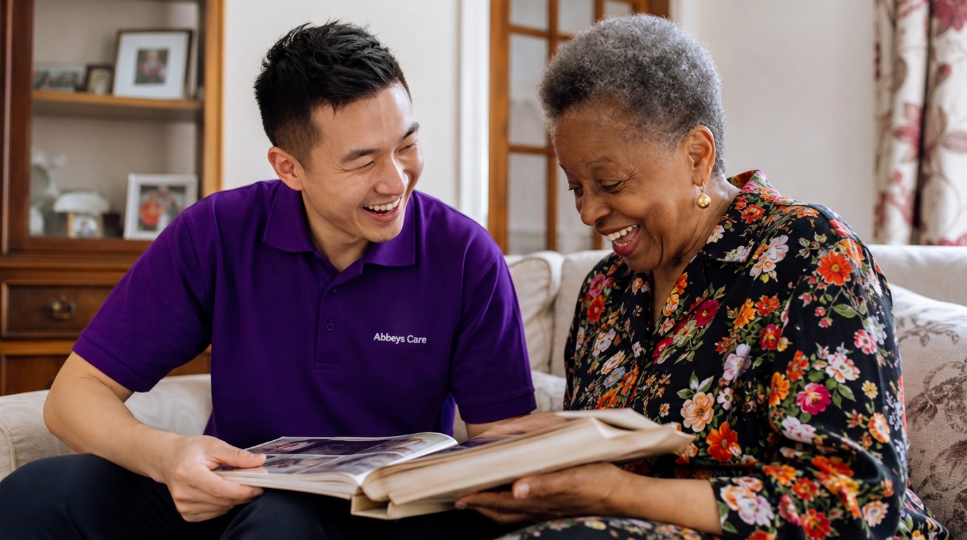 Abbeys Care support worker in branded purple uniform sharing memories with a client during a home visit in Newham