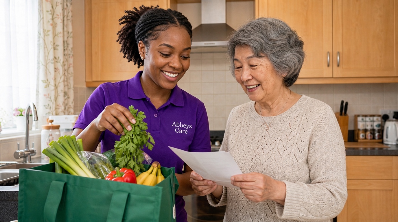 Abbeys Care carer in branded purple uniform helping with shopping and meal preparation during a home care visit in Stratford
