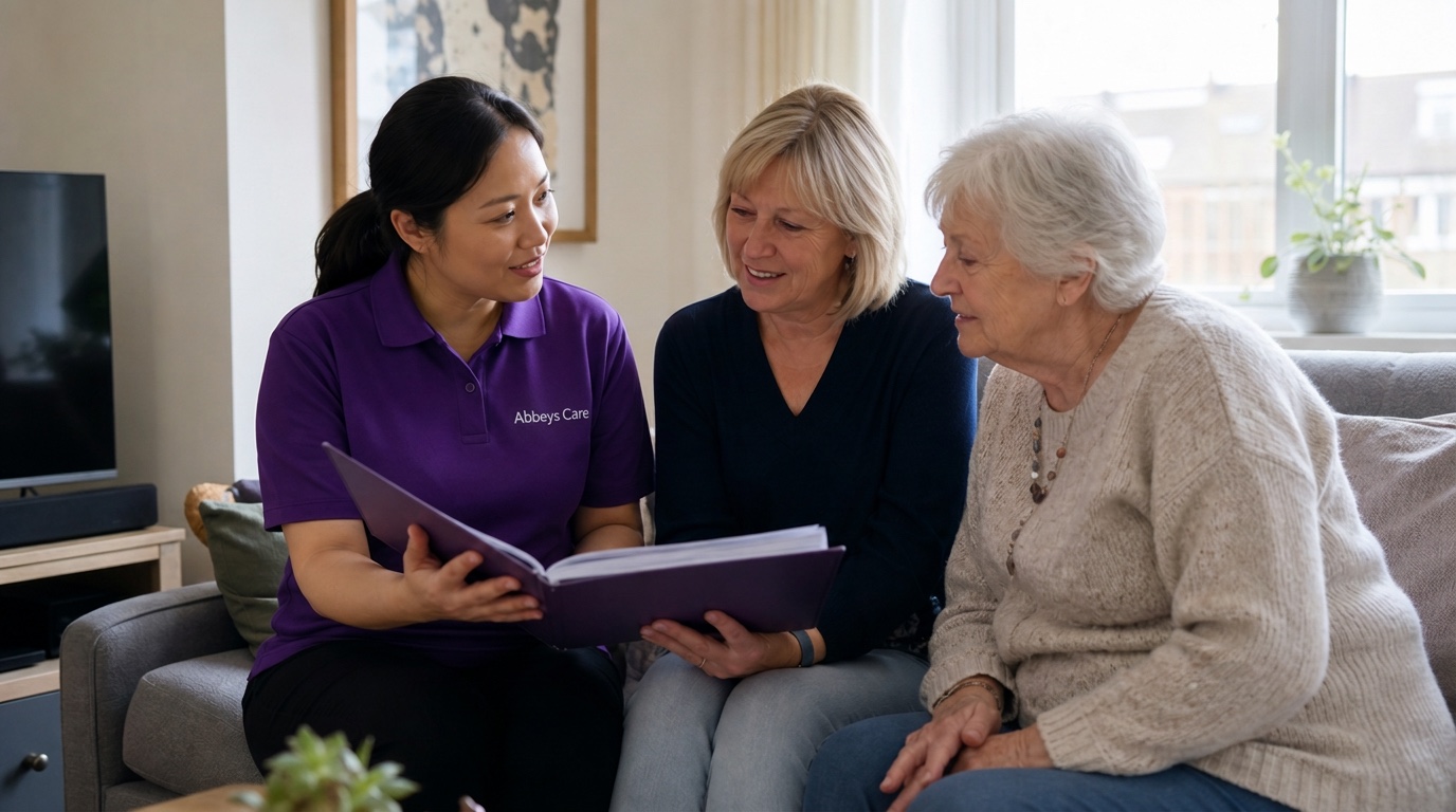 Abbeys Care coordinator in purple branded uniform discussing care service options with a family in Stratford