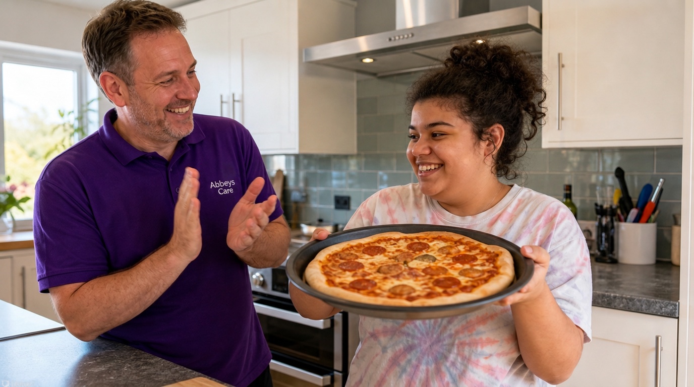 Abbeys Care support worker in branded purple uniform celebrating a cooking achievement with a young man in supported living in East London