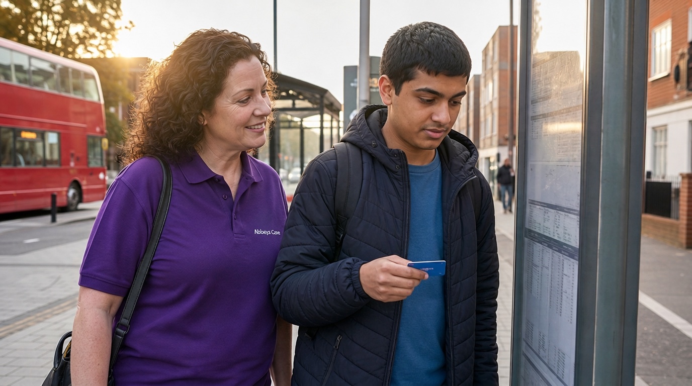 Abbeys Care support worker helping a young man with autism practise independent travel as he moves towards adulthood
