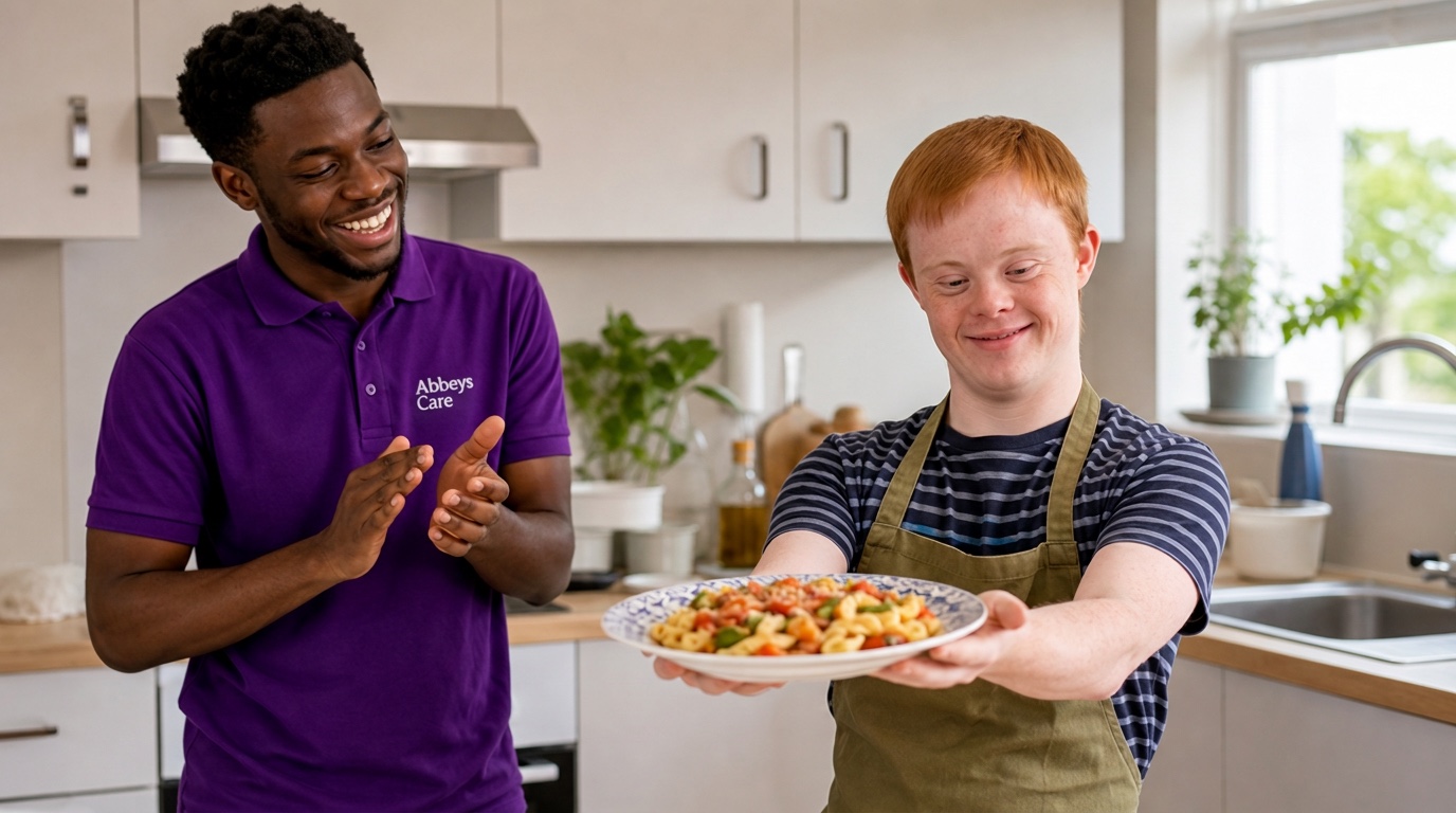 Young adult in supported living celebrating cooking independently with his Abbeys Care support worker in Stratford